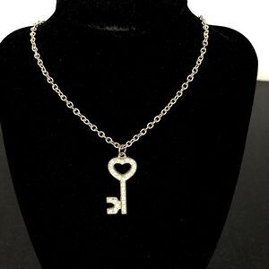 Vintage Large Rhinestone Skeleton Key Necklace Silver Tone Love Token